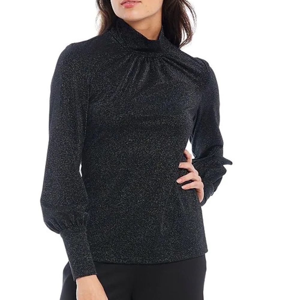 Trina Turk Metallic Mock Turtleneck Top In Black